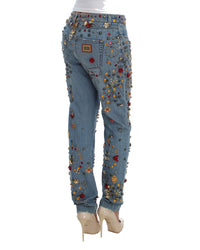 Thumbnail for Blue Wash Crystal Heart Roses Embellished Enchanted Sicily Boyfriend Fit Jeans 38 IT Women