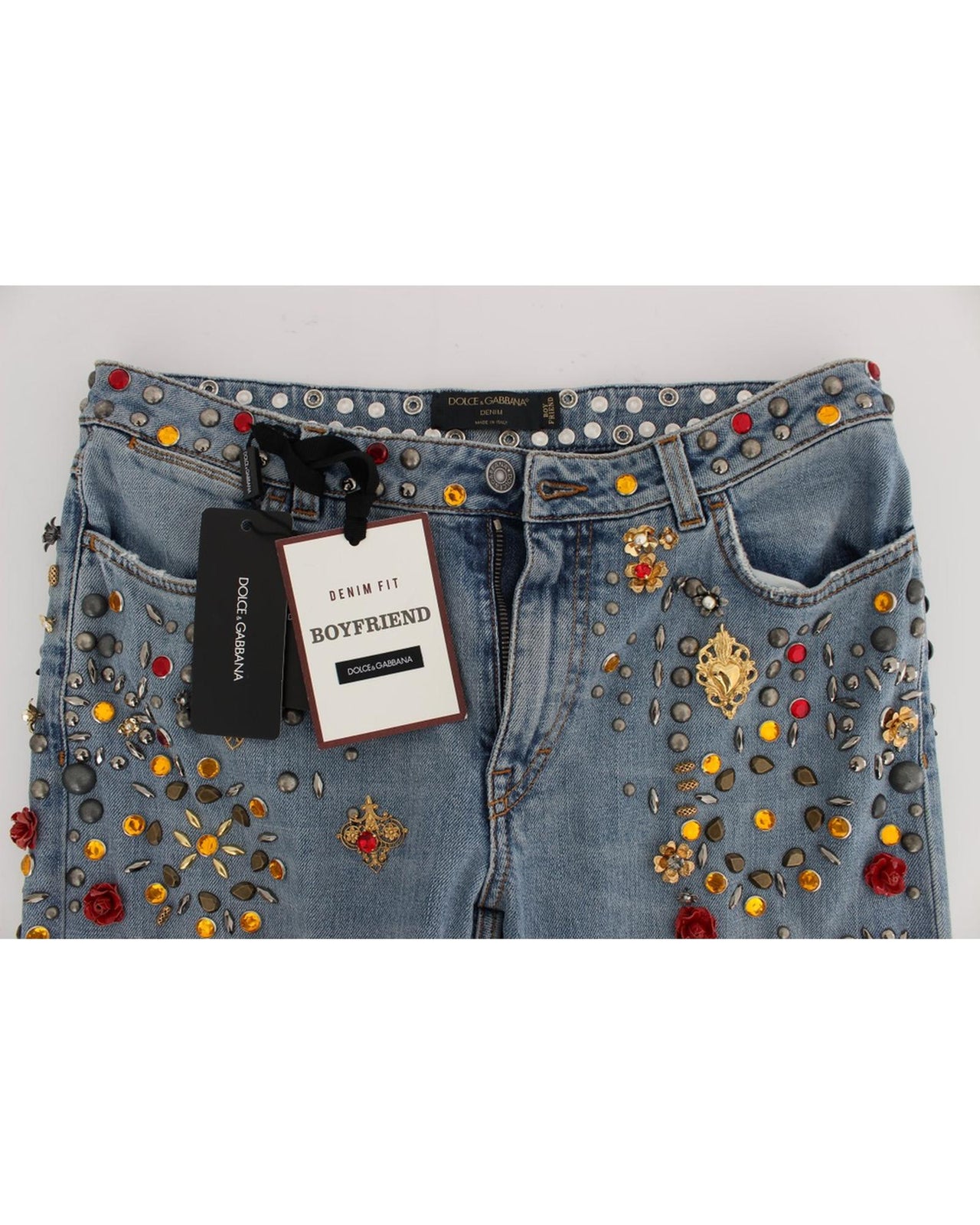 Blue Wash Crystal Heart Roses Embellished Enchanted Sicily Boyfriend Fit Jeans 38 IT Women