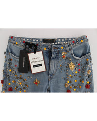 Thumbnail for Blue Wash Crystal Heart Roses Embellished Enchanted Sicily Boyfriend Fit Jeans 38 IT Women