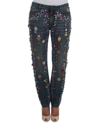 Thumbnail for Blue Wash Crystal Heart Roses Embellished Enchanted Sicily Boyfriend Jeans 38 IT Women