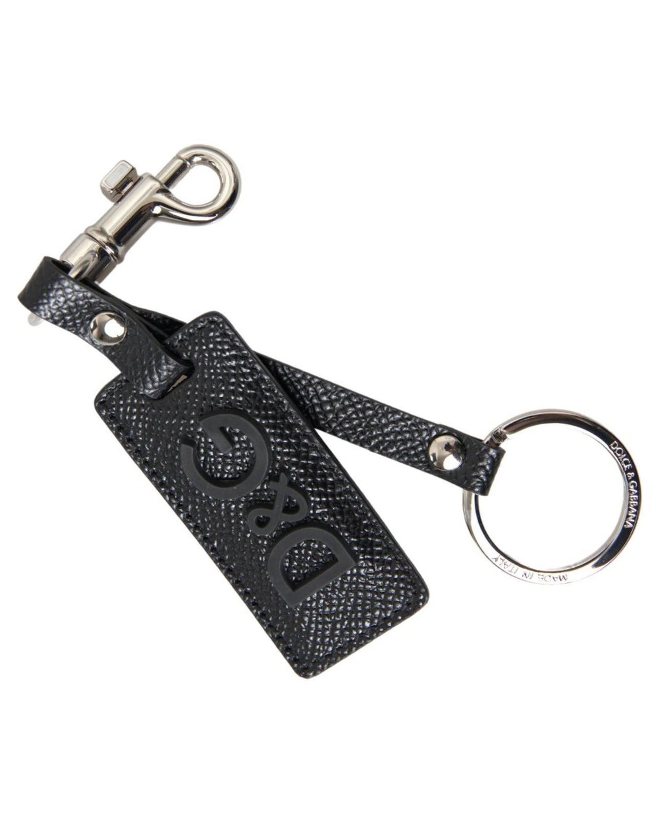 Dolce & Gabbana Men's Black DG Logo Leather Silver Metal Keychain - One Size