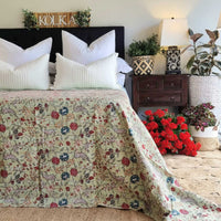 Thumbnail for Green Berries Kantha Bedspread Coverlet - Green (King - 228 cm x 274 cm)