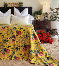 Thumbnail for Mustard Peony Kantha Bedspread Coverlet - Mustard (King - 228 cm x 274 cm)