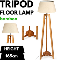 Thumbnail for 155cm Large Bamboo Wooden Tripod Floor Lamp w Beige Linen Light Shade