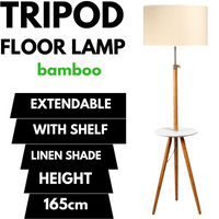 Thumbnail for 165cm Large Extendable Bamboo Tripod Floor Lamp Linen Shade Shelving