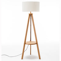 Thumbnail for Natural Wooden Tripod Floor Lamp w/ Round Wood Shelf + Off White Linen Shade