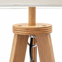 Thumbnail for Natural Wooden Tripod Floor Lamp w/ Round Wood Shelf + Off White Linen Shade