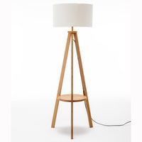 Thumbnail for Natural Wooden Tripod Floor Lamp w/ Round Wood Shelf + Off White Linen Shade
