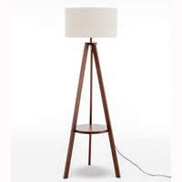 Thumbnail for Natural Wooden Tripod Floor Lamp w/ Round Shelf + Off White Linen Shade - Cherry