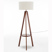 Thumbnail for Natural Wooden Tripod Floor Lamp w/ Round Shelf + Off White Linen Shade - Cherry