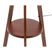Thumbnail for Natural Wooden Tripod Floor Lamp w/ Round Shelf + Off White Linen Shade - Cherry