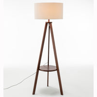 Thumbnail for Natural Wooden Tripod Floor Lamp w/ Round Shelf + Off White Linen Shade - Cherry