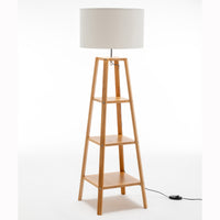 Thumbnail for Eiffel 3 Tier Natural Wood Floor Lamp w/ Storage Shelves + Off White Linen Shade