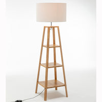 Thumbnail for Eiffel 3 Tier Natural Wood Floor Lamp w/ Storage Shelves + Off White Linen Shade