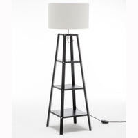 Thumbnail for Eiffel 3 Tier Natural Wood Floor Lamp w/ Storage Shelves + Off White Linen Shade