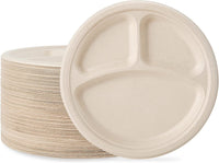 Thumbnail for 600pcs Disposable Sugarcane Bagasse 3-Compartment Paper Plates Eco 23cm (9