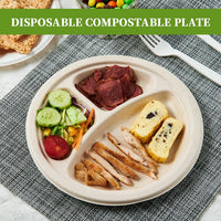 Thumbnail for 600pcs Disposable Sugarcane Bagasse 3-Compartment Paper Plates Eco 23cm (9