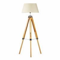 Thumbnail for LARGE TRIPOD FLOOR LAMP Linen Shade Modern Light Bamboo Vintage Wooden Retro