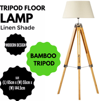 Thumbnail for LARGE TRIPOD FLOOR LAMP Linen Shade Modern Light Bamboo Vintage Wooden Retro