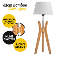 Thumbnail for Bamboo Tripod Table Lamp Desk Modern Rustic Geo Light w Linen Shade