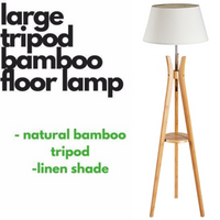 Thumbnail for LARGE BAMBOO TRIPOD FLOOR LAMP Linen Shade Modern Light Vintage Wooden Scandi