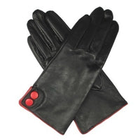 Thumbnail for DENTS Ladies Kangaroo Leather Gloves Button Cuff Silk Lining - Black/Red - Small