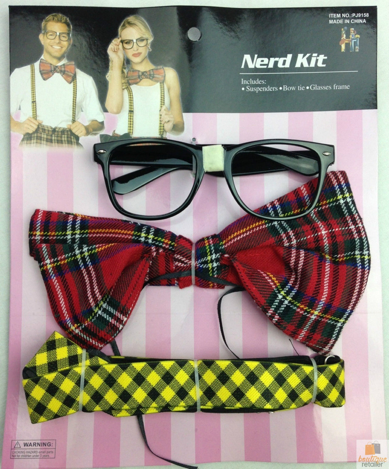 NERD COSTUME KIT Set Geek Glasses Fancy Dress Retro Funny Braces Bow Tie Party