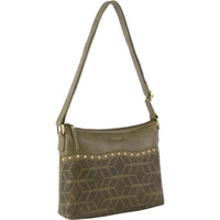 Thumbnail for Pierre Cardin Womens Leather Perforated Cross Body Bag w/ Stud Detailing Travel - Olive