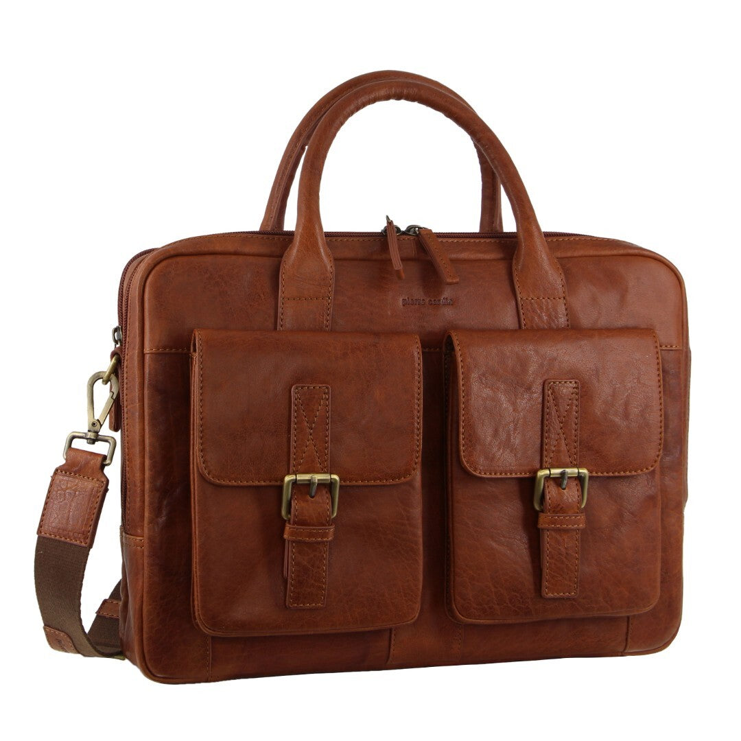 Pierre Cardin Leather Multi-Compartment Business Laptop Bag - Tan