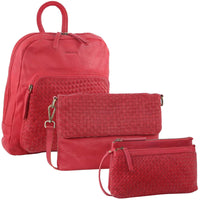 Thumbnail for 3PC Set Pierre Cardin Womens Woven Leather Cross-Body Bags + Backpack - Red