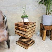 Thumbnail for Side Table Book Stack Design w Storage Compartment Natural Burned