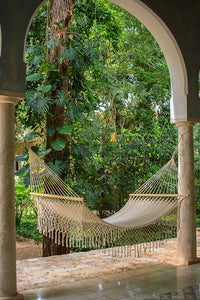 Thumbnail for Mayan Legacy Queen Size Outdoor Cotton Mexican Resort Hammock With Fringe in Cream Colour